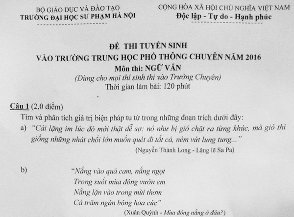 Đề thi môn Văn vào lớp 10 trường THPT chuyên Đại học Sư phạm năm 2016-2017