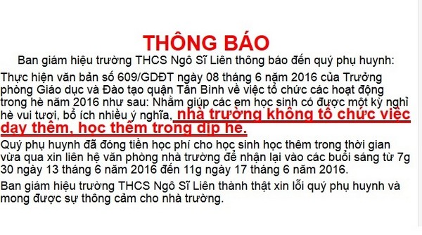 Nhà trường trả lại tiền học thêm cho phụ huynh tại TP.HCM